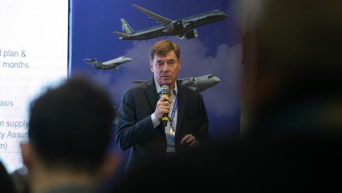 Embraer CEO Francisco Gomes Neto addresses reporters in Sao Jose dos Campos, Brazil