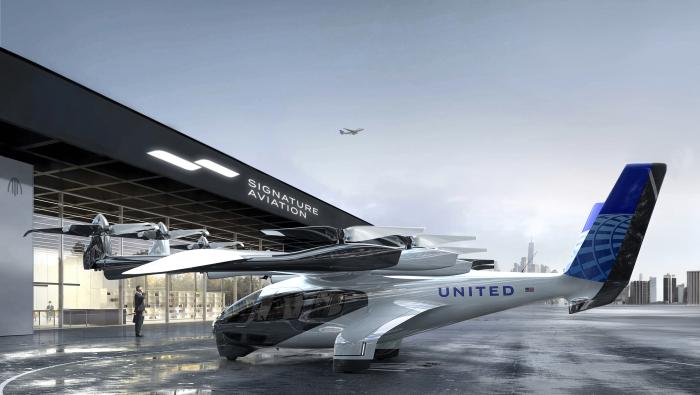 Artist rendering of Archer Aircraft in United Airlines livery at Signature FBO