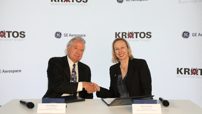 Kratos Defense and Security Solutions president and CEO Eric DeMarco and GE Aerospace Defense and Systems president and CEO Amy Gowder 