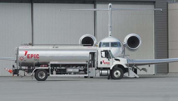 Epic Fuels tanker parked in front of business jet