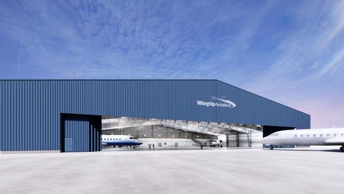 artist rendering of planned Wingtip Aviation hangar at KGYY