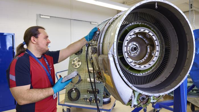 Honeywell TFE731 engine being maintained by an Aero-Dienst technician in Nuremburg, Germany