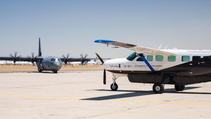 Joby's autonomous Cessna 208b Grand Caravan is pictured with a C-130 Hercules at the Mojave Air and Space Port in California during the Agile Flag 24-3 exercise. 