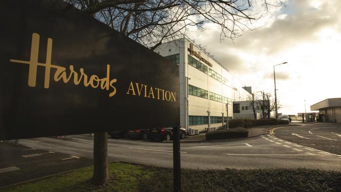 Harrods Aviation sign in front of facility