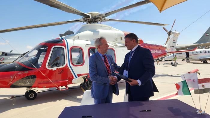 Vittorio Della Bella (left), Leonardo senior v-p helicopter customer support and training worldwide services, and Ehab Ali Abdel Maksoud, chairman and managing director, Petroleum Air Services. 