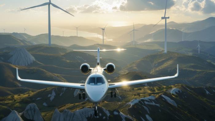 business jet in flight over wind turbines