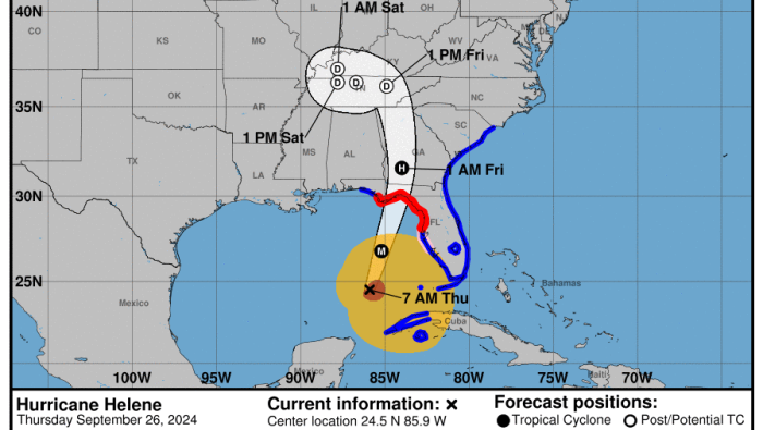 NOAA map showing predicted path of Hurricane Helene