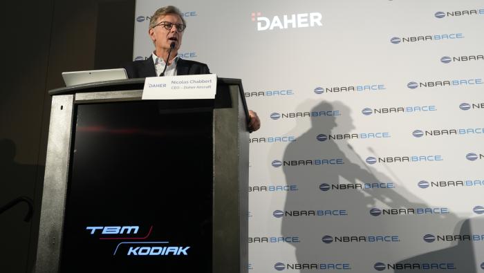 Daher Aircraft CEO Nicholas Chabbert speaks at a media conference at NBAA-BACE 2024