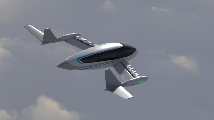 A digital rendering of the Whisper Jet in flight