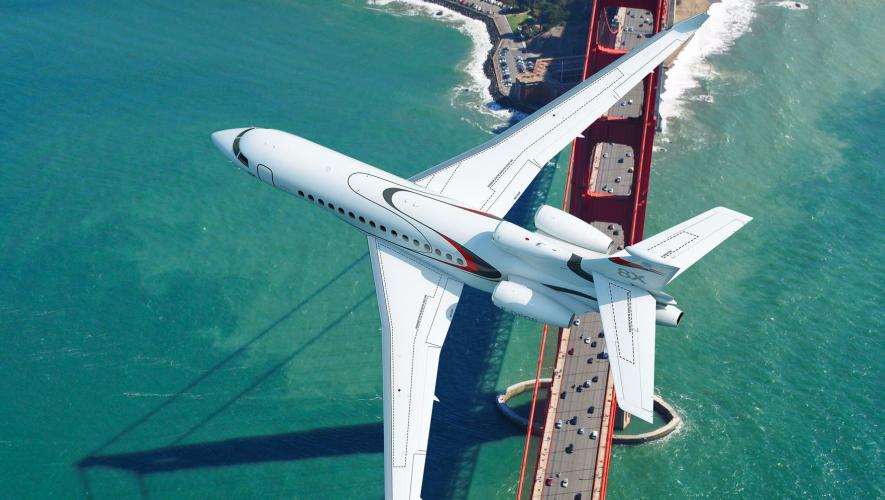 Dassault Falcon 8X in flight over Golden Gate Bridge in San Francisco, California.