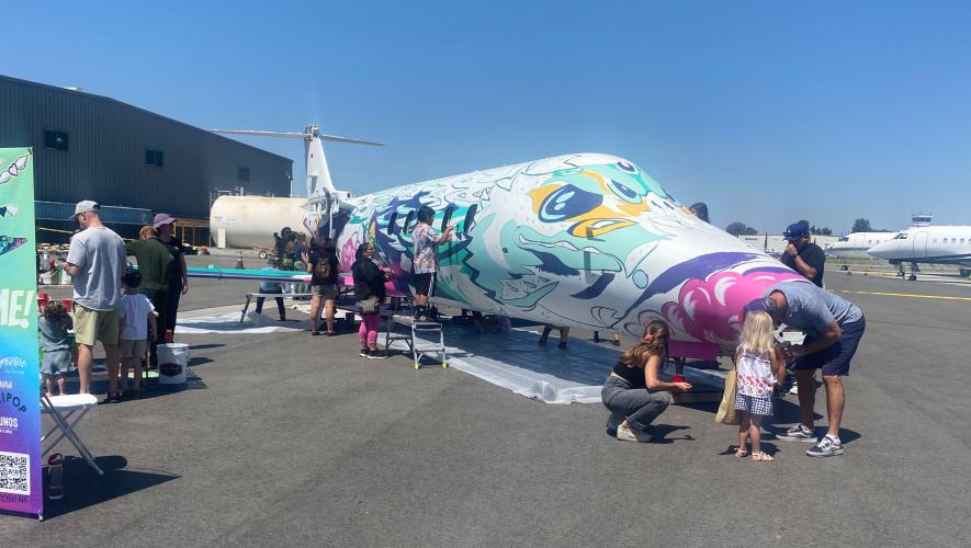 Learjet 60 being converted into a mural at Van Nuys Airport in California