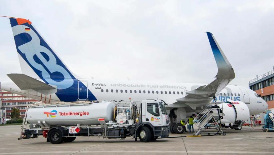 TotalEnergies truck fueling Airbus aircraft with SAF blend