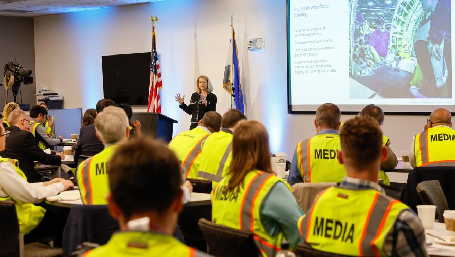 Elizabeth Lund, senior vice president of quality at Boeing Commercial Airplanes, addresses reporters during a media briefing in Renton, Washington, on June 25, 2024.