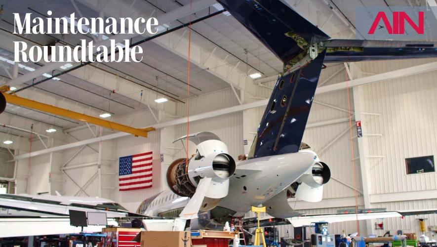 Aircraft undergoing maintenance in a hangar