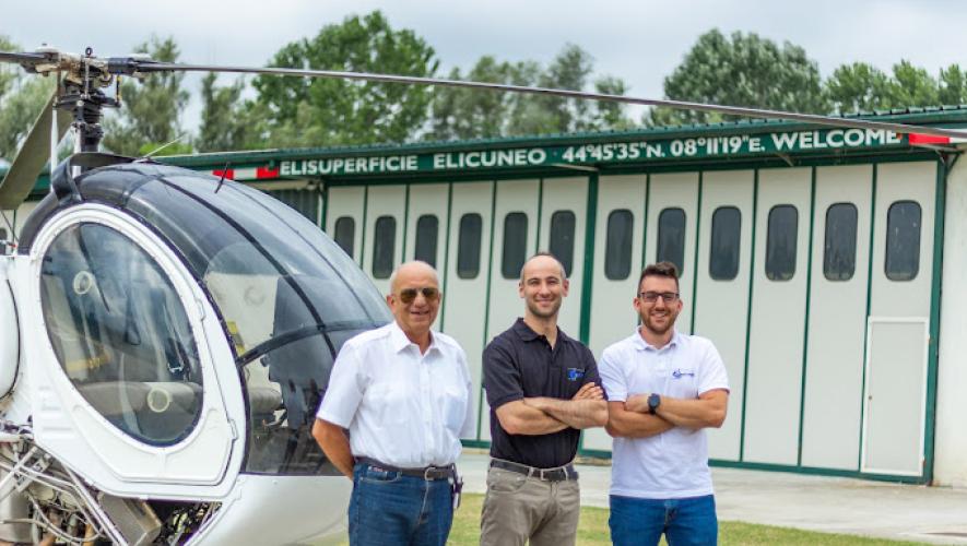 (L-R) Elicuneo CEO Mauro Marino, Chief Flight Instructor Francesco Piazzolla, and Technical Manager William Silvani at Elicuneo's Boglietto helipad