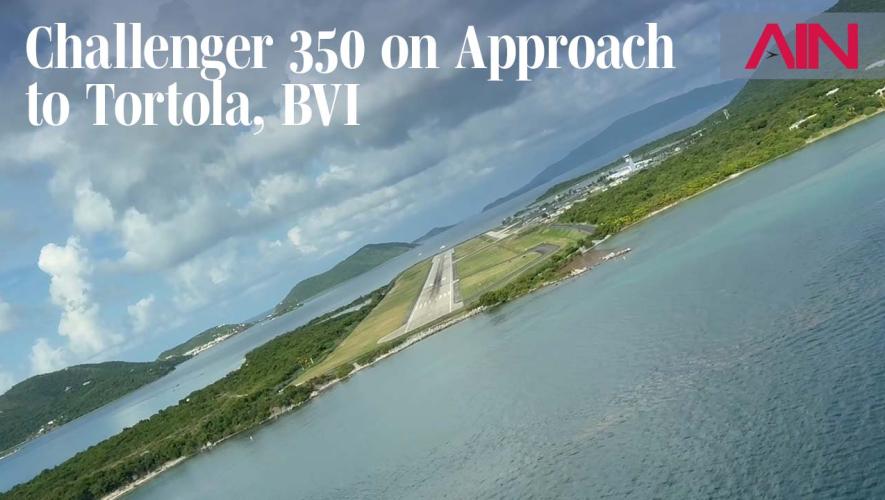 View of TUPJ airport at Tortola, British Virgin Islands from cockpit of Bombardier Challenger 350