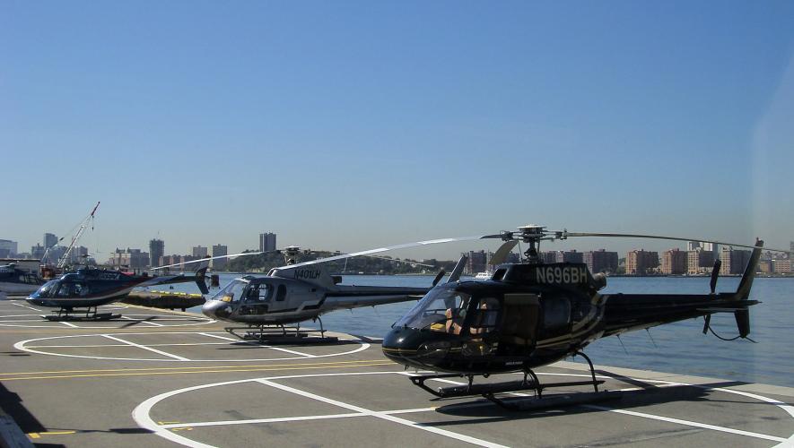 Helicopters on helipad at the West 30th Street heliport in New York City