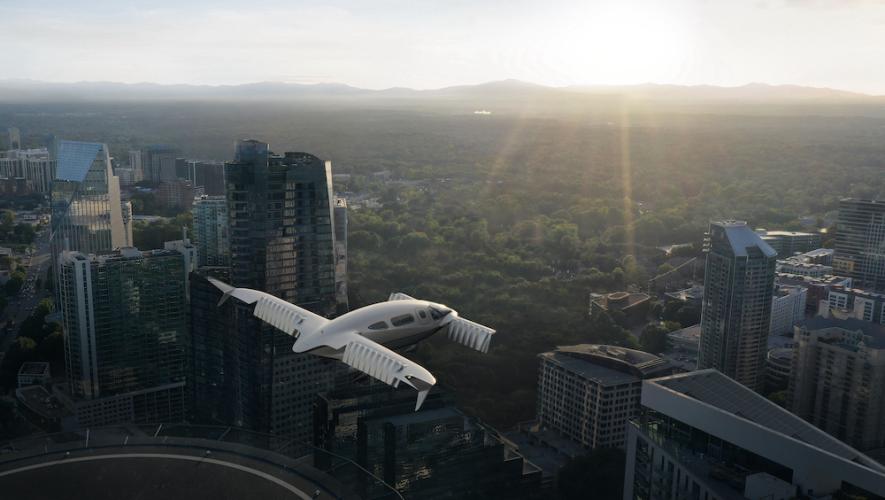 Digital rendering of Lilium Pioneer Edition eVTOL in flight over city