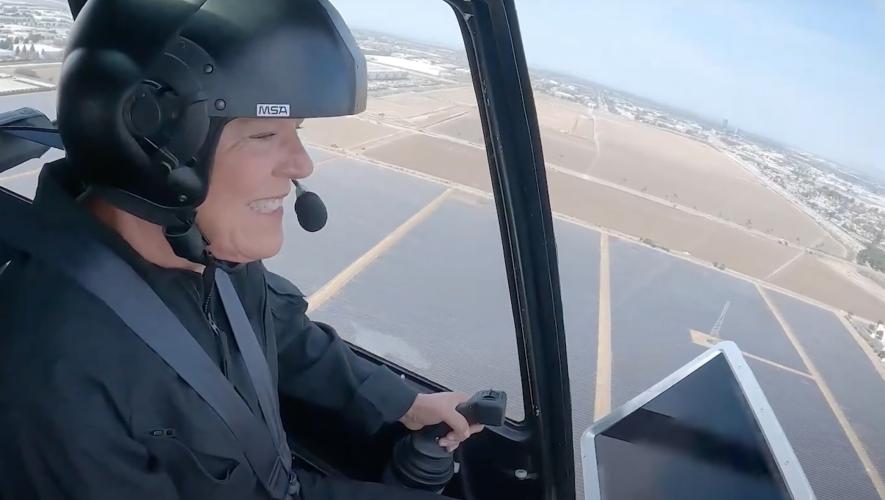 U.S. Rep. Julia Brownley (D-Calif.) flying Skyryse FlightOS-equipped automated Robinson R44 helicopter