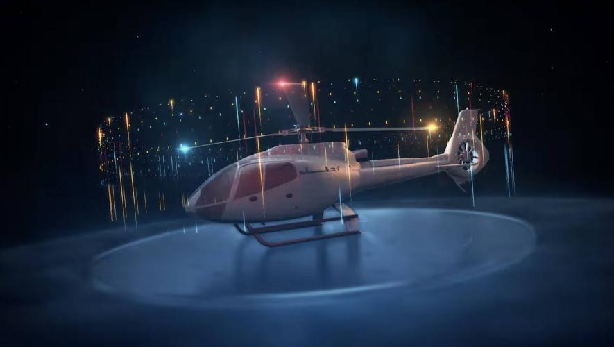 digital rendering of helicopter with lights indicating excess vibration in rotor