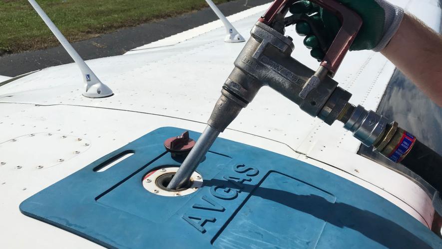 close up of fueling an aircraft with avgas.