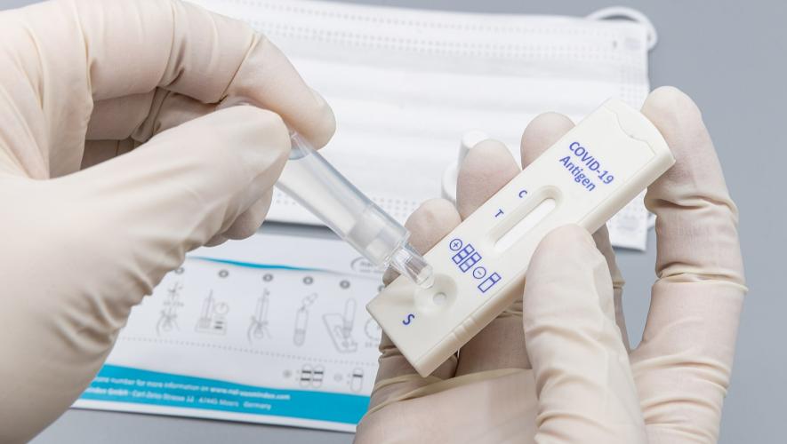 Gloved hands filling Corona virus rapid test with testing solution