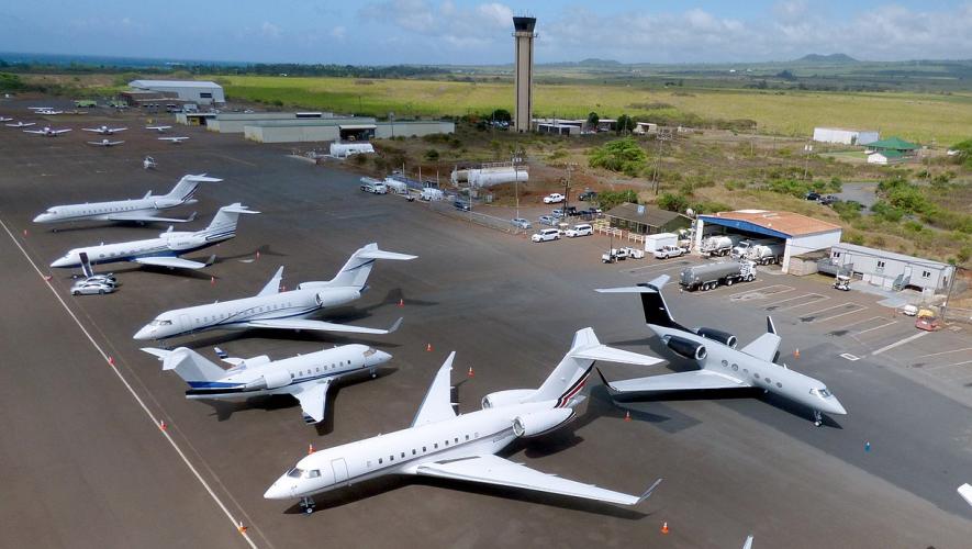 Private jets on airport ramp at Kahului Airport in Maui, Hawaii