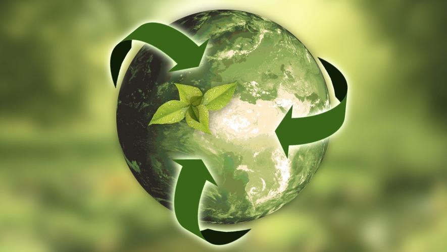 Digital illustration of a green planet with arrows suggesting sustainability