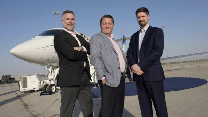 Left to right Vertis Aviation Aircraft Trading executives, Mark Abbott - CEO, Jeffrey Emmenis- Director, Conan McGale - Director stand in front of business jet