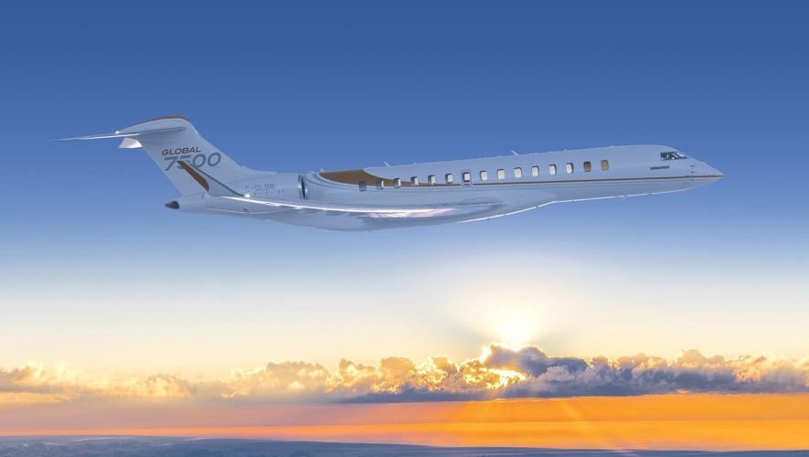 Bombardier Global 7500 in flight at sunset