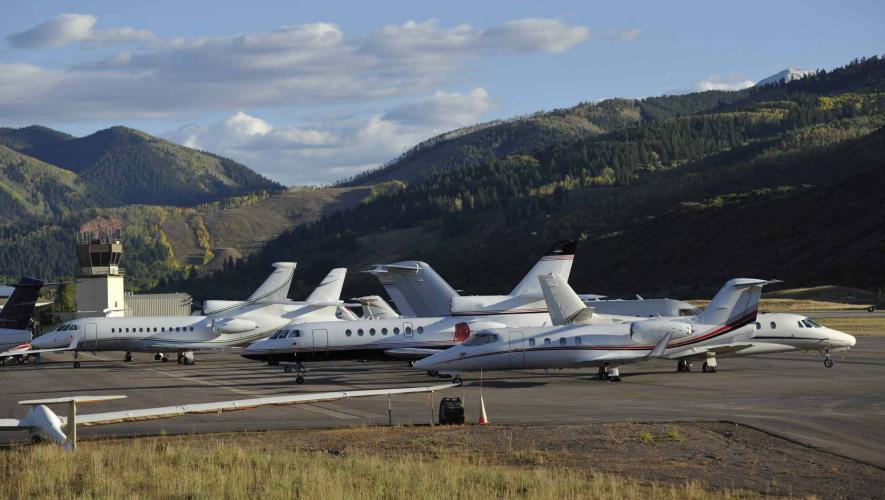 Private jets on airport ramp at Aspen-Pitkin County Airport