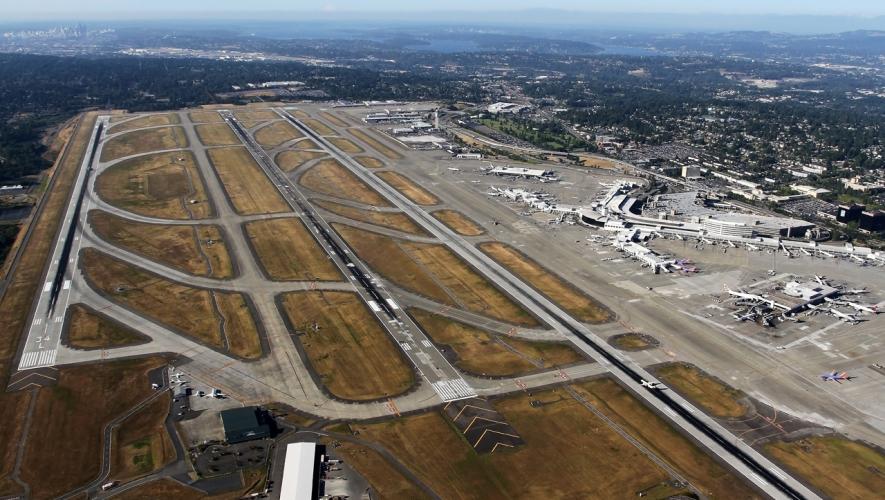 Aerial view of runways and taxiways at Seattle-Tacoma International Airport