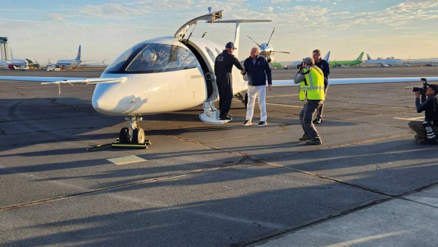 Eviation Alice on airport ramp following first flight with test pilot Steven Crane deboarding the aircraft