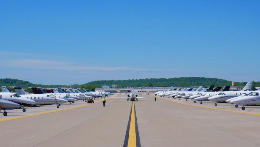 Atlantic Aviation ramp at Muhammad Ali International Airport in Louisville lined with private jets attending the Kentucky Derby