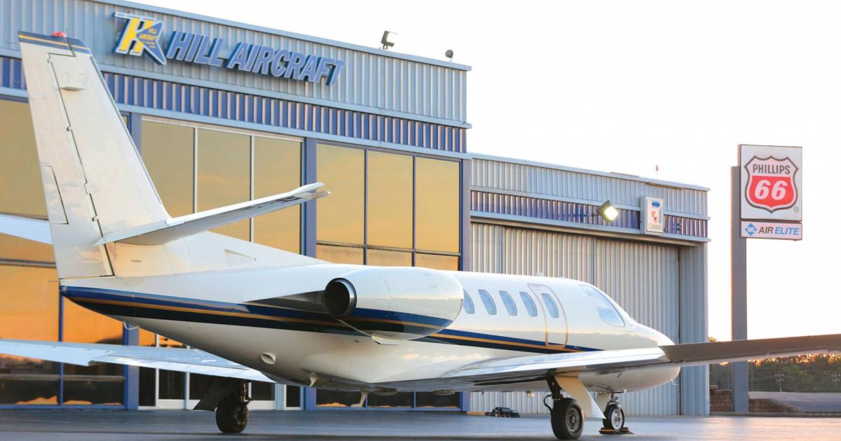 Business jet parked at Hill Aircraft's FBO at Fulton County Executive Airport.
