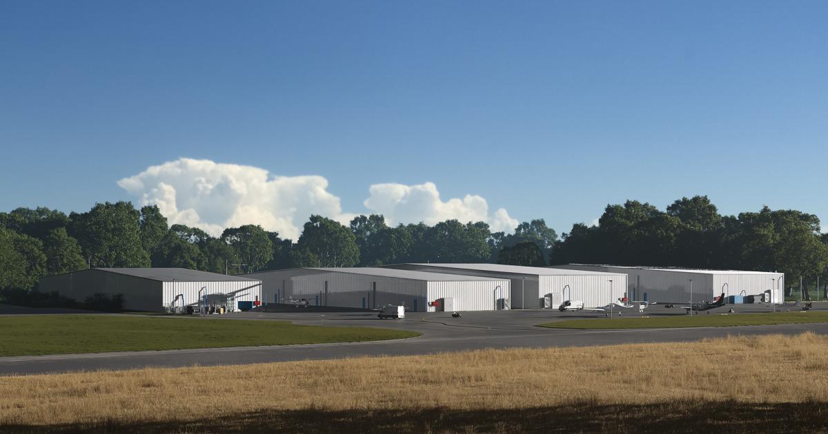 artist rendering shows the soon-to-be-built "The Hangars at BKV" complex