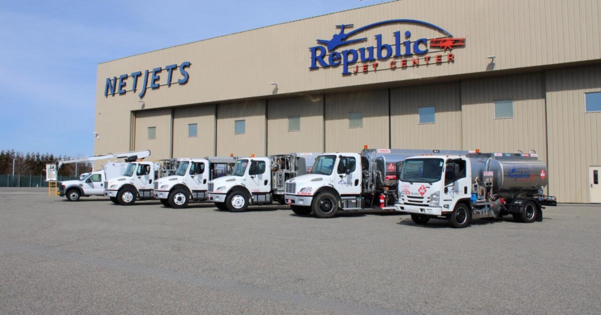 Fuel trucks lined up at the Republic Jet Center at KFRG