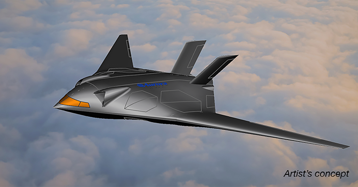 A digital rendering of Aurora Flight Sciences' blended-wing-body HSVTOL concept aircraft