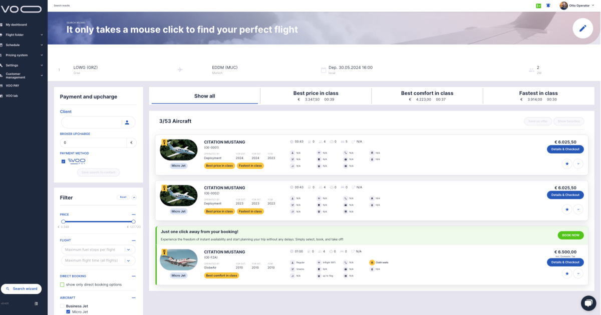 screenshot of VOO booking portal