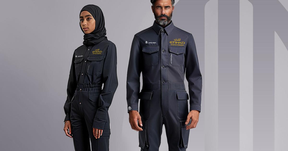 A man and woman are pictured wearing flight suits with Archer and Etihad Aviation Training logos