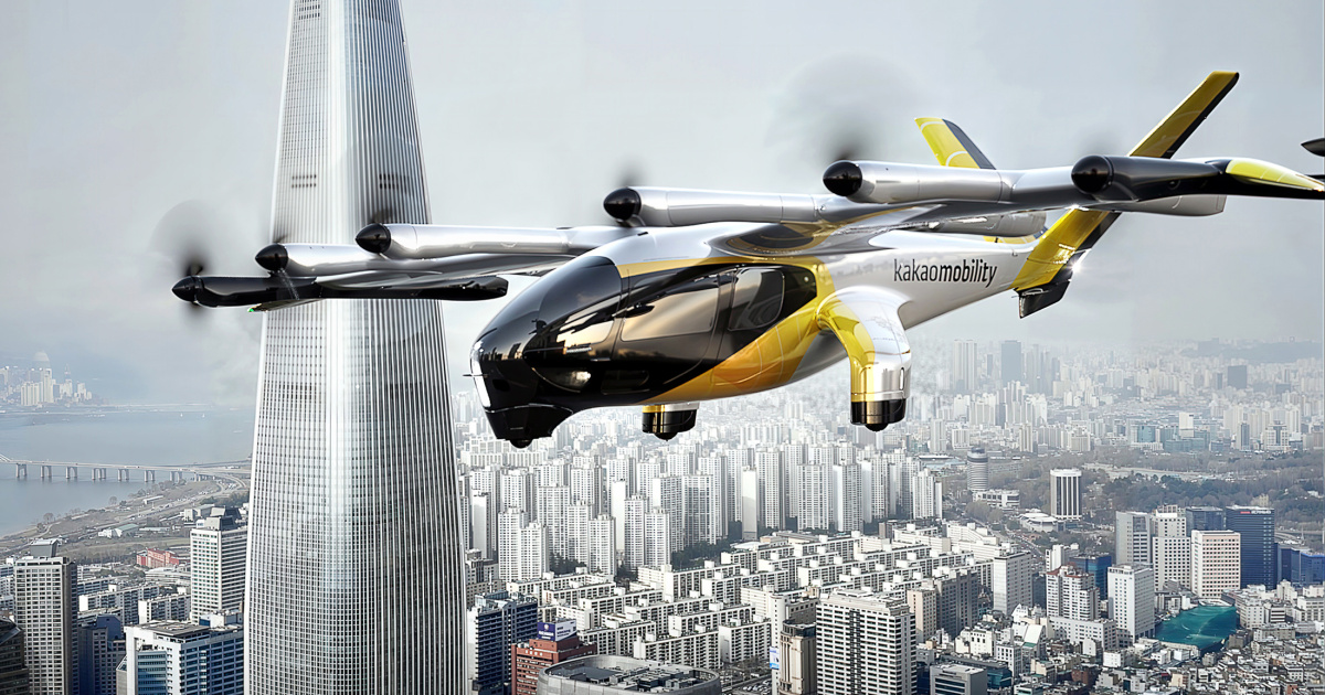 A digital rendering of a Midnight eVTOL air taxi with a Kakao logo flying over Seoul