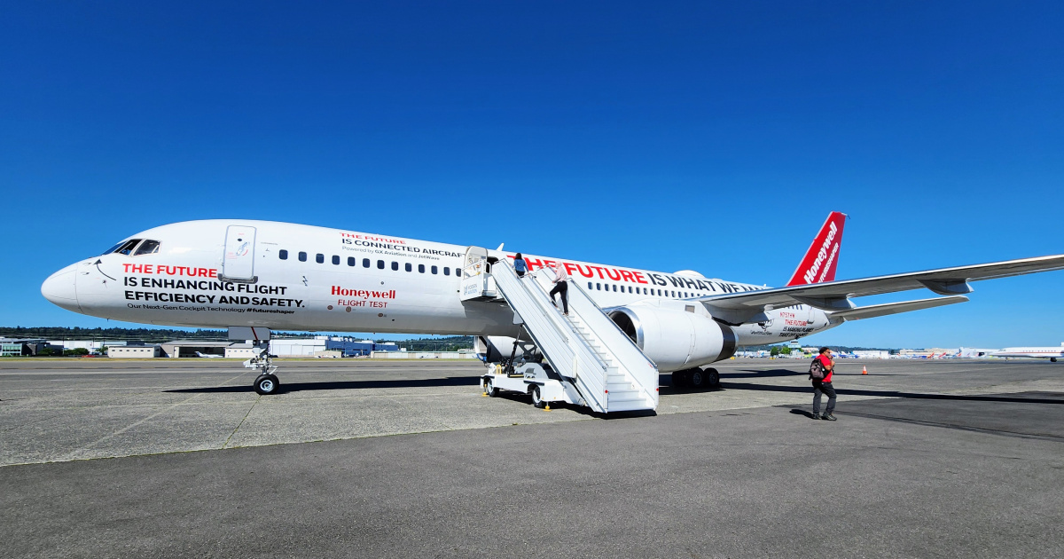 Honeywell Aerospace’s Boeing 757 testbed is pictured on the tarmac at Boeing Field in Seattle