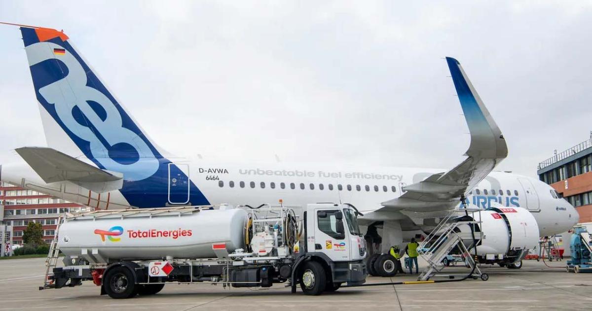 TotalEnergies truck fueling Airbus aircraft with SAF blend