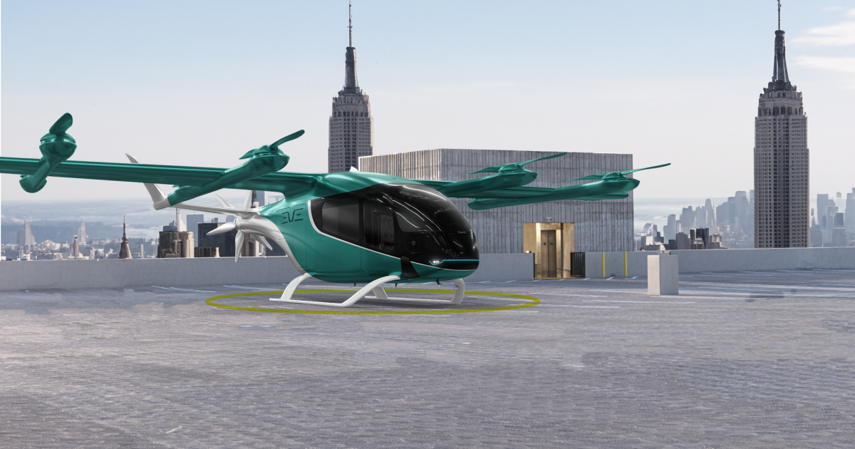 A digital rendering of Eve's eVTOL aircraft on a rooftop in New York City