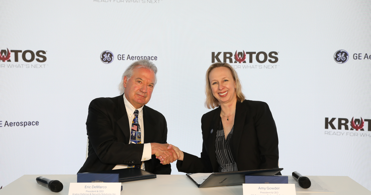 Kratos Defense and Security Solutions president and CEO Eric DeMarco and GE Aerospace Defense and Systems president and CEO Amy Gowder 
