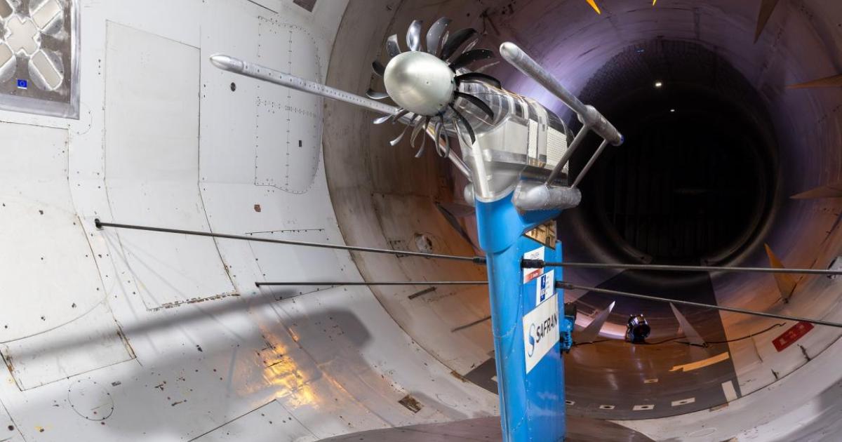 A one-fifth-scale demonstrator for the CFM RISE open-fan engine is pictured in a wind tunnel 