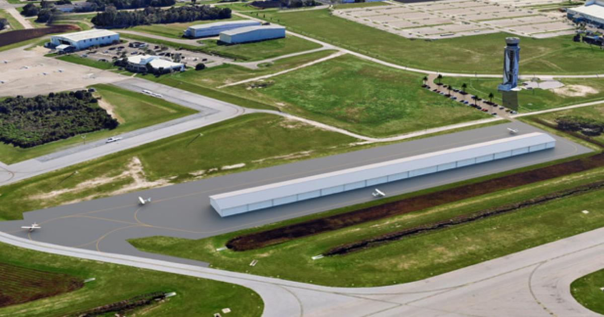 Artist rendering of planned T-hangar facility at Sheltair's KMLB FBO