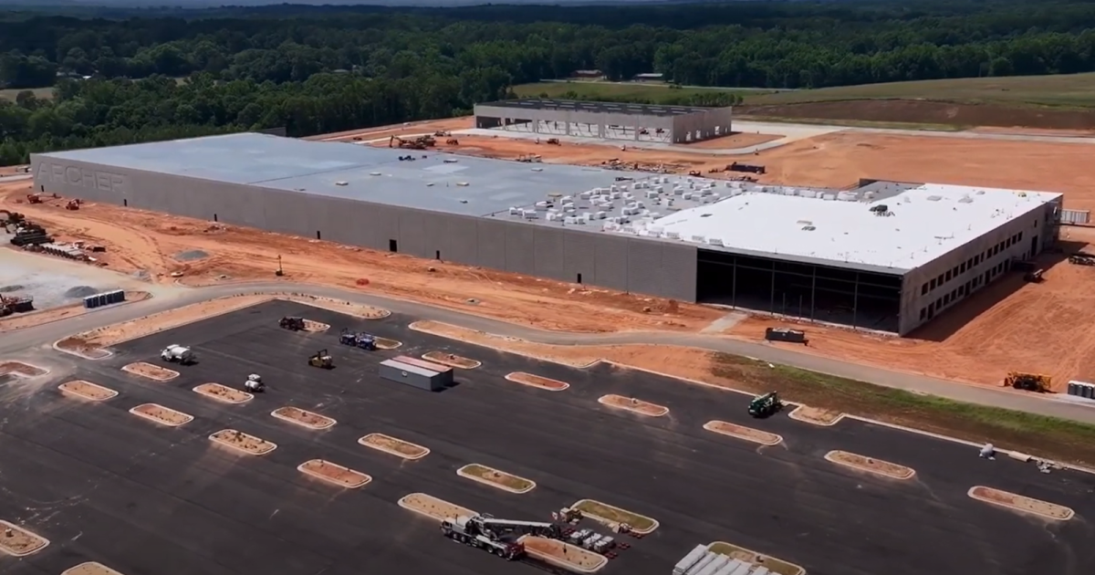 An aerial view of early construction at Archer Aviation's manufacturing facility in Covington, Georgia