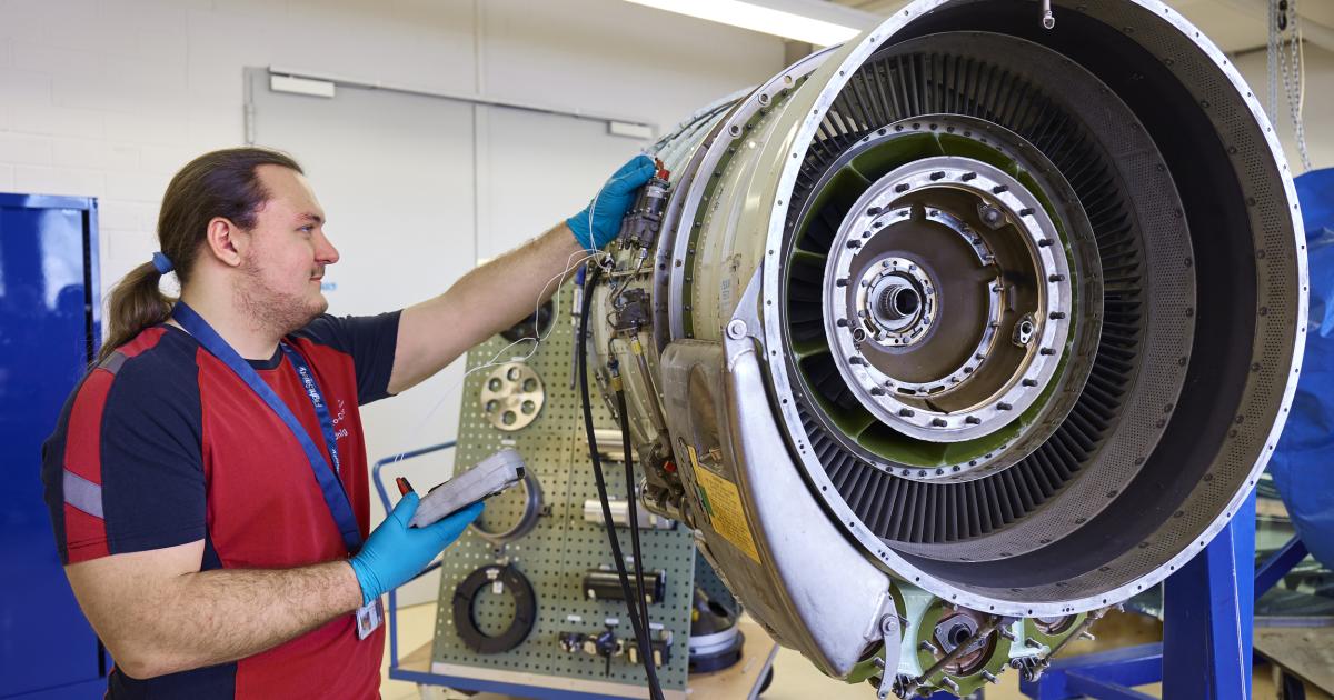 Honeywell TFE731 engine being maintained by an Aero-Dienst technician in Nuremburg, Germany