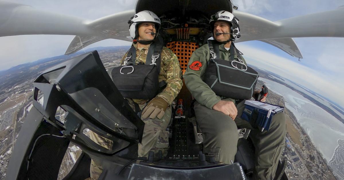 A Beta test pilot and U.S. Air Force pilot are pictured in a Beta Alia 250 eVTOL aircraft.